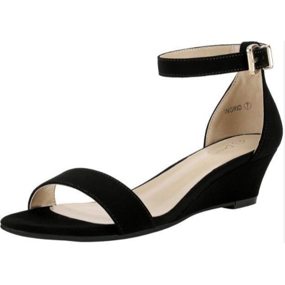 NWOB Dream Pairs Ingrid Black Faux Suede Ankle Buckle Low Wedge Sandals Sz 9